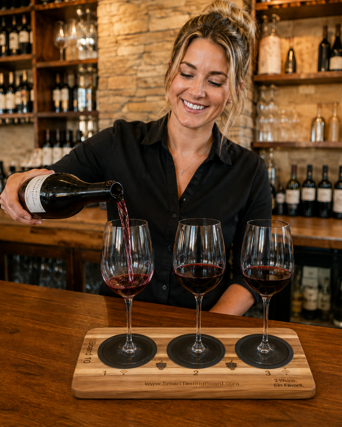 Winzerin  in einer Verkostung:Sie bereitet die nächste Runde vor mit dem STB-Trio